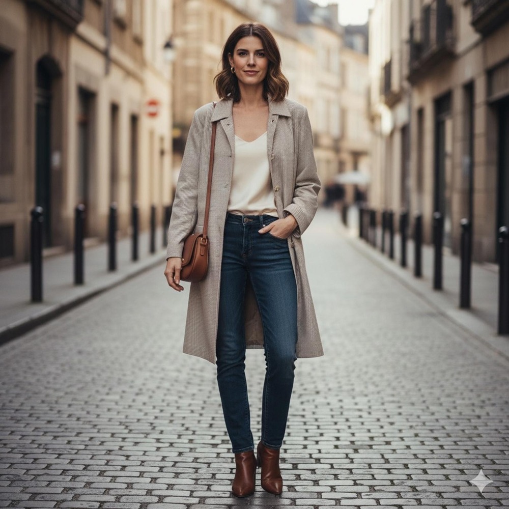 Villager‎ Woman Beige Gingham Button-Up Trench Coat